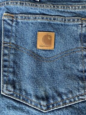 Carhartt Men's Blue Denim Jeans with Leather Patch Flannel Lined 34 x 36
